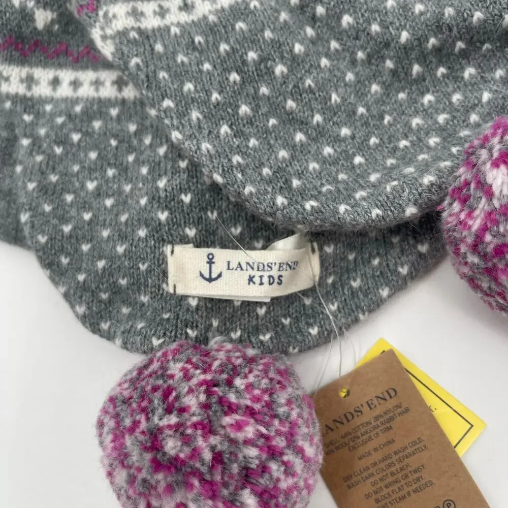 LANDS END Kids Scarf Wool Angora Rabbit Hair Blend NWT Gray Fair Isle Snowflakes